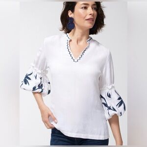 New CHICO’S Linen Peasant Top Embroidered Shirt Beaded Blouse White Blue Lantern